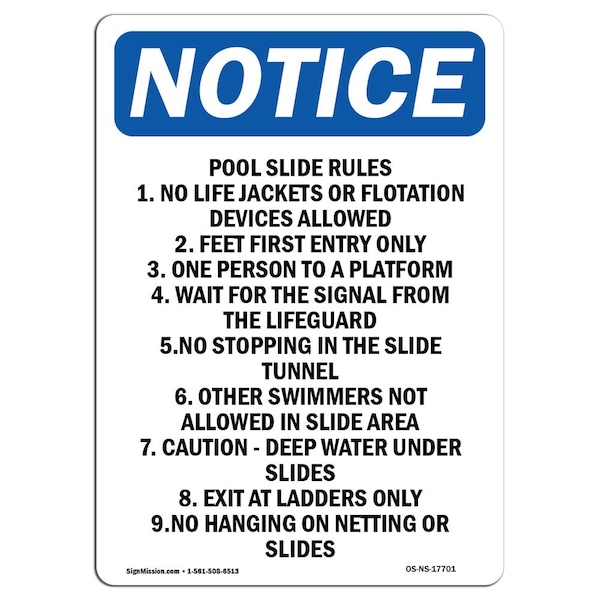 Safety Sign, OSHA Notice, 24" Height, Aluminum, Pool Slide Rules 1. No Life Jackets Sign, Portrait